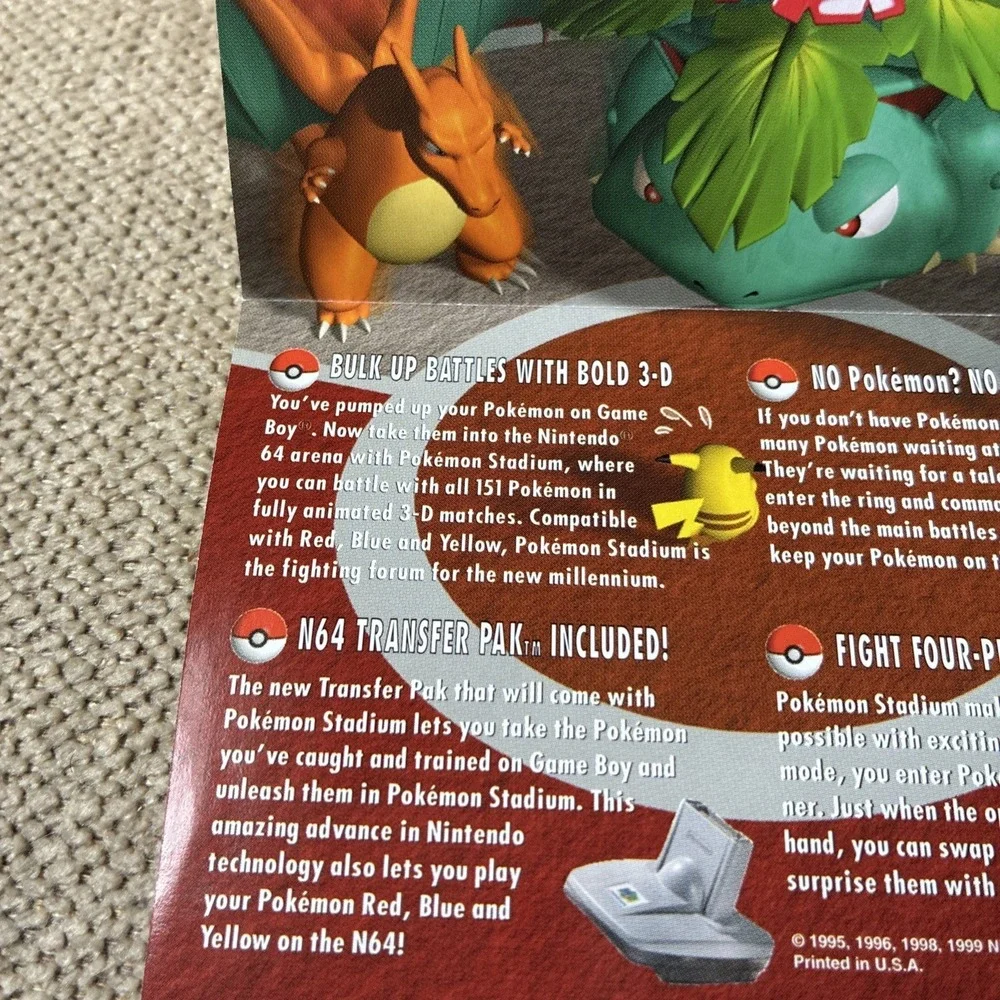 Pokemon Stadium N64 Red Blue Yellow Nintendo Gameboy Insert March 2000 Poster